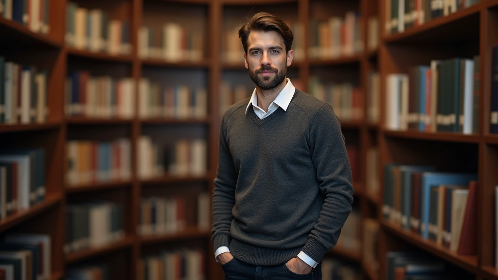 Pessoa em biblioteca entre prateleiras de livros em inglês, iluminação aconchegante, detalhes nítidos
