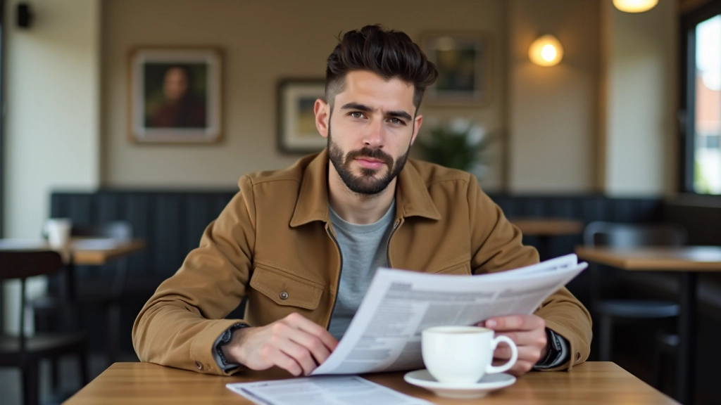 Estudante em café lendo jornal em inglês com anotações, luz natural, atmosfera produtiva