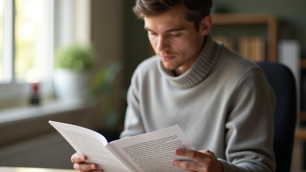 Pessoa lendo um artigo em inglês com marcadores e anotações em um caderno, luz natural da janela, foco nítido