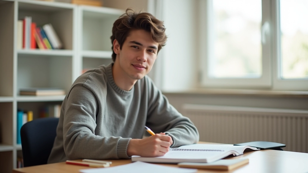 Pessoa estudando inglês com anotações em ambiente tranquilo com luz natural