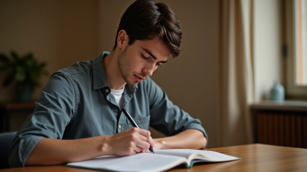 Pessoa fazendo anotações resumidas em um caderno enquanto lê um texto em inglês, ambiente tranquilo de estudo